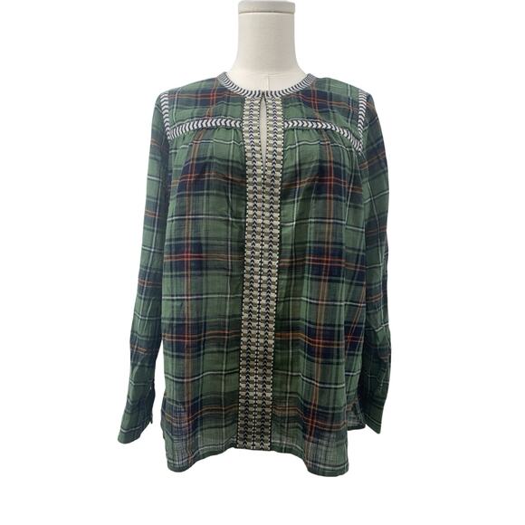 J.Crew Women’s Green Tartan Plaid Embroidered 100% Cotton Boho Blouse Size 6 - Picture 1 of 7